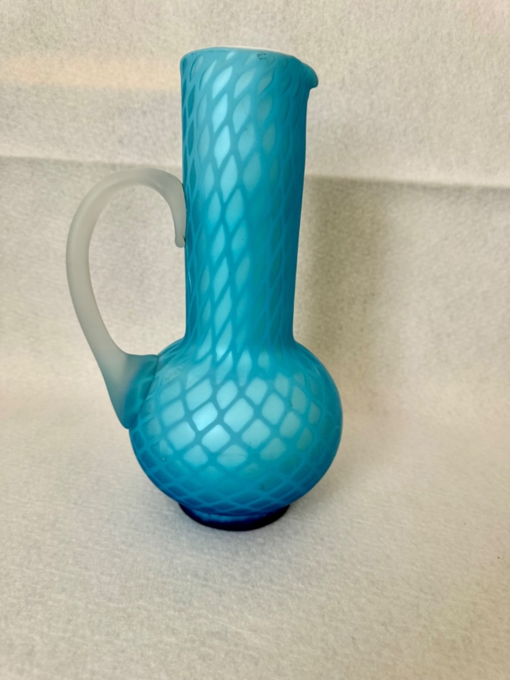 Vintage Diamond Quilted Blue Satin Glass Elongated Pitcher